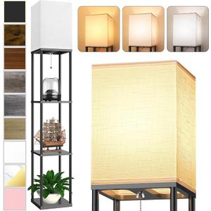 Floor Lamp with Shelves for Living Room Natural Wood, Shelf Floor Lamp with 3 CCT LED Bulb, Corner Display Standing Column Lamp Etagere Organizer Tower Nightstand with White Linen Shade for Bedroom