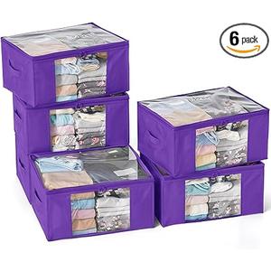 Clothes Storage Bags, Foldable Thick Fabric Blanket Storage Bags, Large Clear Window & Carry Handles, Great for Clothes, Blankets, Closets, Pillows, Toys (Purple, 6PACK)