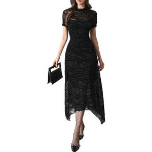 GothDark Women's Wedding Guest Floral Print Vintage Goth Dress Mesh Spliced Double-Layered Irregular Hemline Midi Dresses (All Black) Small