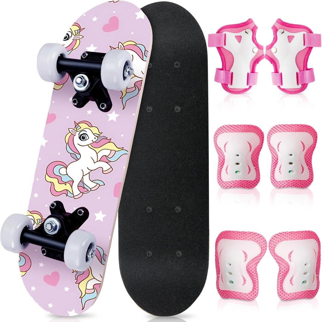 Honoson 7 Pcs Skateboard for Toddlers Beginners Knee Elbow Pads Wrist Guards Gear Set (Age 2-5 Kids 17 x 5'')