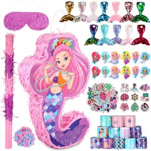 Wettarn 90 Pieces Mermaid Party Favors Includes Piata Bundle 16 x 12 x 3 Inch,Hairpin Slap Bracelets Rings Stickers for Kids Girls Mermaid Birthday Party Supplies Goodie Bag Fillers