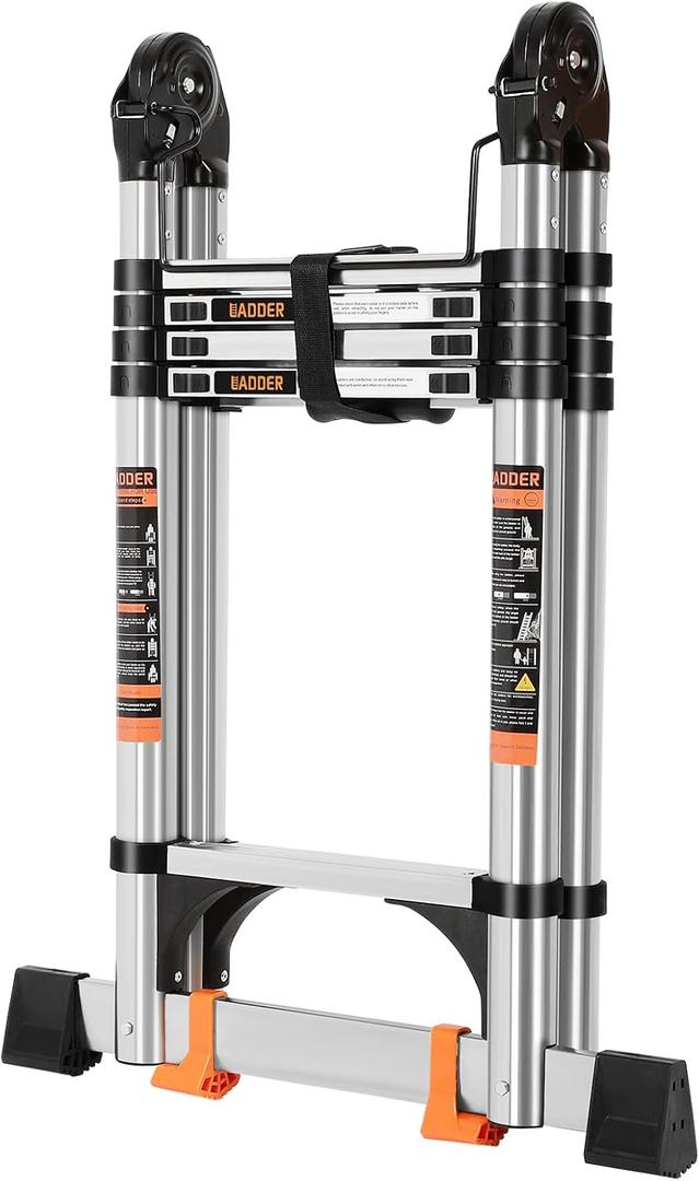 Telescoping Ladder 12.5 FT A Frame, Extension Multi-Purpose with Balance Bar Heavy Duty 330 lbs Max Capacity for Home and Outdoor Work, Silver