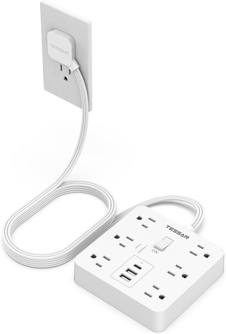 TESSAN 10Ft White Extension Cord with Multiple Outlets, Surge Protector Power Strip with 6 Outlets and 3 USB Ports (1 USB C), 1700 Joules Protection, Flat Plug, Outlet Extender for Home, Office, Dorm