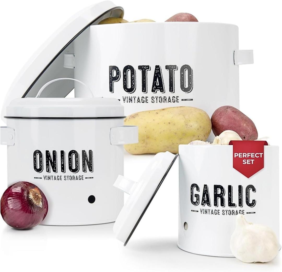 Granrosi Kitchen Vegetable Storage Set for Pantry & Countertop  Set of 3 Kitchen Containers Including Potato Bin, Onion Keeper & Garlic Storage; Rustproof Metal & Aeratic Holes; Farmhouse Style