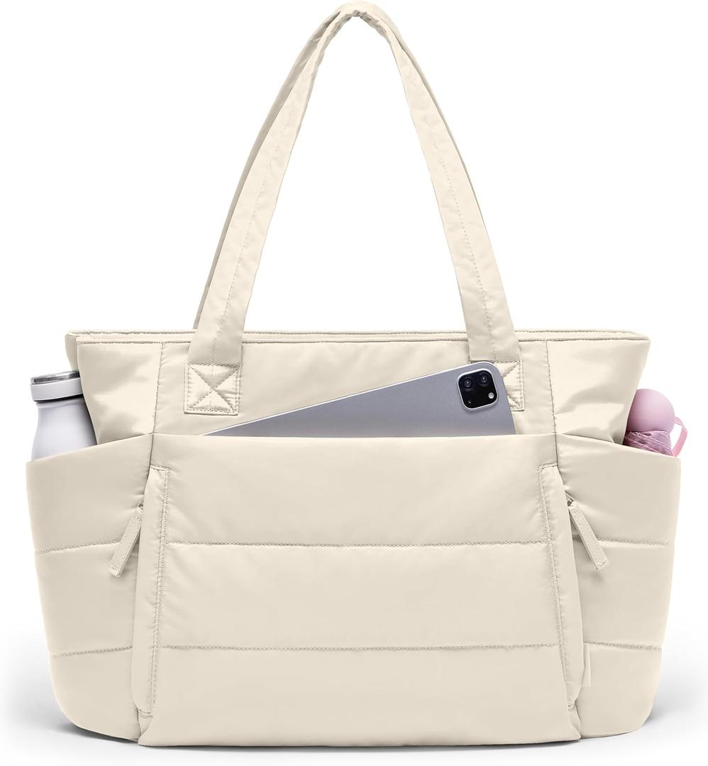 Tote Bag for Women with Zipper, Quilted Puffer Tote Bag with Compartments, Lightweight Puffy Work Bags for Women Travel