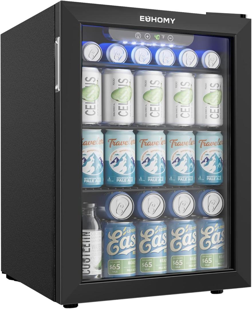 EUHOMY 100 Can Beverage Refrigerator cooler-Mini Fridge Glass Door for Beer Drinks Wines, Freestanding Beverage Fridge with Adjustable Shelves Blue LED for Home/Office/Dorm/Bar, 2.7 cu.ft