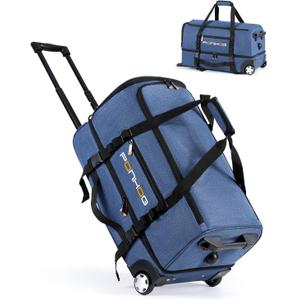 Ponhog Rolling Duffle Bag with Wheels, 25 Inch Large Travel Duffel Bag with Shoe Compartment, Water Resistant Rolling Wheeled Luggage for Men Women Weekender Overnight Trip, Blue
