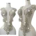 Large Handmade Rhinestones Full Bodice lace Applique Patches Party Wedding Dress Shiny Beads Sequins Crystal Decoration Trimming Accessories (Silver) 12 inches x 8 inches