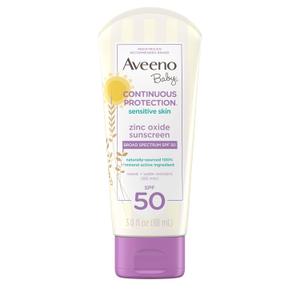 Aveeno Baby Continuous Protection Zinc Oxide Mineral Sunscreen Lotion for Sensitive Skin, Broad Spectrum SPF 50, Tear-Free, Sweat- & Water-Resistant, Paraben-Free, Travel-Size, 3 fl. oz  (EXP:01/2028)