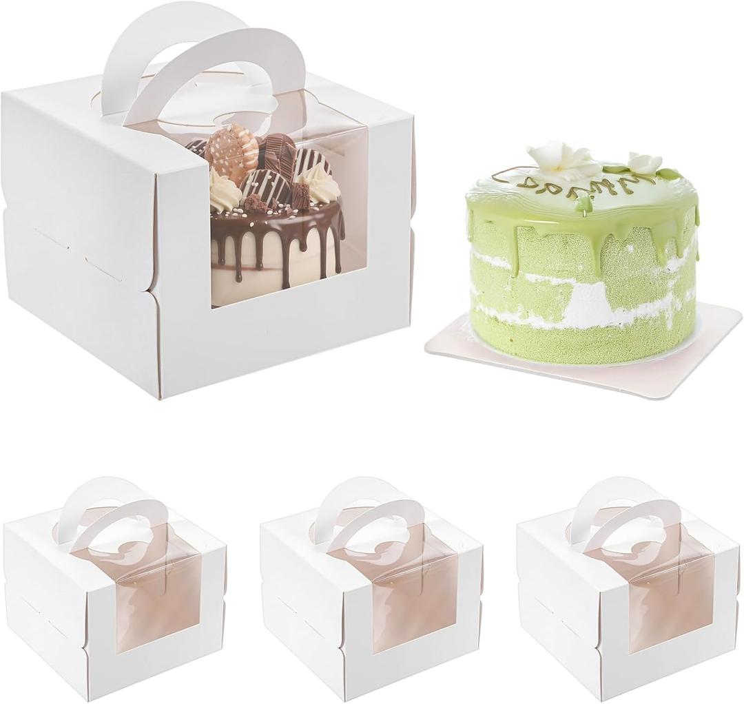25 Pcs 5 x 5 x 4 Inch White Cake Boxes with Handle & Boards, Easy Carrying Paper Cakes Containers, Cake Holder Window Carriers for Birthday Christmas Birthday Wedding, Party, Gift