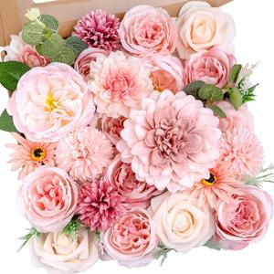Pink Flowers Artificial Roses Combo Set Fake Pink Silk Flowers Faux Peony Flowers Mix Chrysanthemum Dahlia with Stems for Wedding Bouquets Baby Bridal Shower Party Floral Arrangements Decor