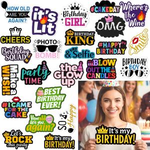 24 Pcs Birthday Photo Booth Props Single Sided 11.8" Photo Booth Props Birthday Parties Decorations Set DIY Water Proof Selfie Signs PVC Printing for Party Businesses