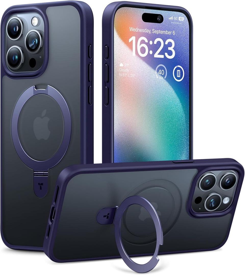 TORRAS Ultra Magnetic Ostand for iPhone 15 Pro Case [Fit for MagSafe] [Sturdy Stand & Ring Holder] Mil-Grade Shockproof Matte Anti-Scratch Slim Protective Kickstand Phone Case, Purple 6.1"