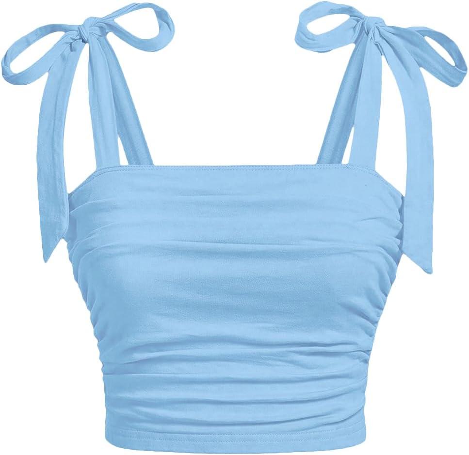 SOLY HUX Girl's Square Neck Crop Tank Top Sleeveless Bow Tie Camisole Ruched Cute Clothes (Plain Light Blue) Size: 8 Years