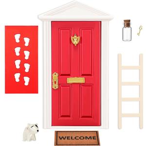 Christmas Elf Wooden Miniature Red Magical Elf Tooth Fairy Door Kit with Accessories Mini Red Fairy Door Tiny Wooden Festive Set for Tale Room Decoration DIY Activities 18.5cm 7 Inch