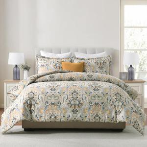 Finlonte Damask King Comforter Set, 100% Cotton Paisley Floral Comforter Bedding Set, Luxury Ethnic King Size Bed Set, Fluffy Lightweight Quilted All Season, Grayish Blue/Brown