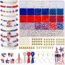 Goldwise 2958 Pcs 4th of July Red White and Blue Beads Bracelet Making Kit with Clay Beads Glass Seed Beads Tattoo Stickers, Patriotic Beads for Jewelry Making with Letter Beads and Charms