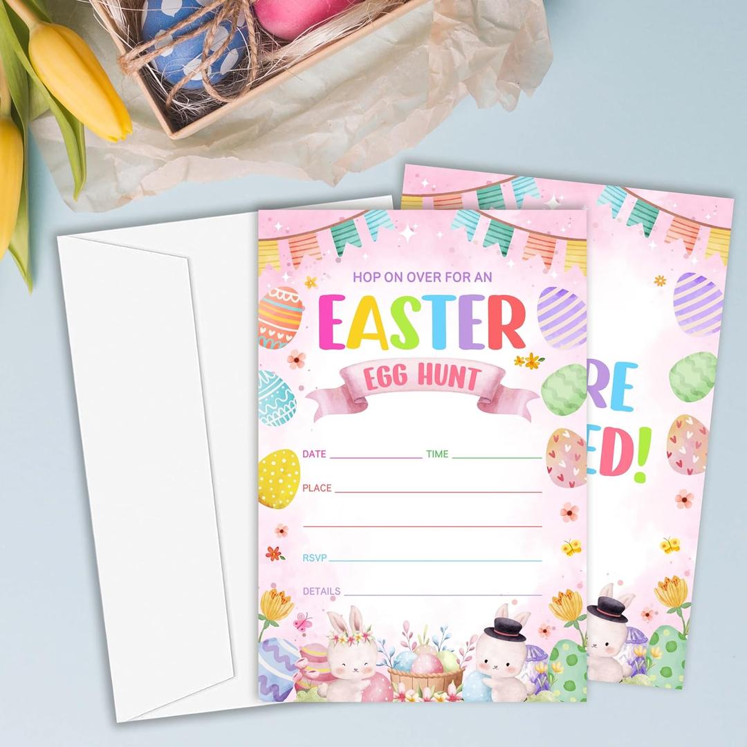 Easter Egg Hunt Party Invitations, 25pcs Easter Bunny Party Invite Cards with Envelopes, Colorful Spring Party Decoration Supplies - C07