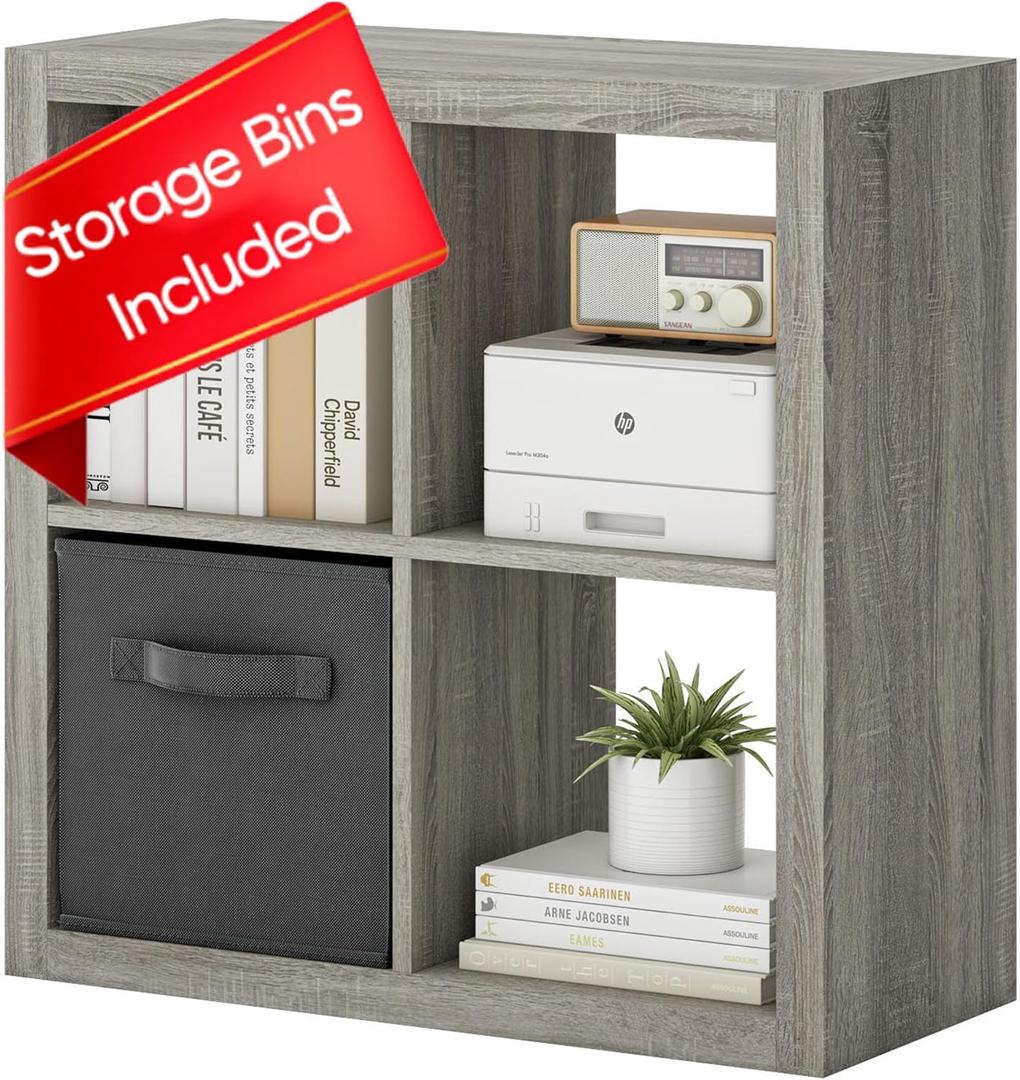 Bookshelf with Storage Bin, 4-Cube Storage Organizer, Modern Wood Open Bookcase, Multifunctional Display Shelf for Living Room, Bedroom, Home Office, Gray Oak (4 Cube, Gray Oak)