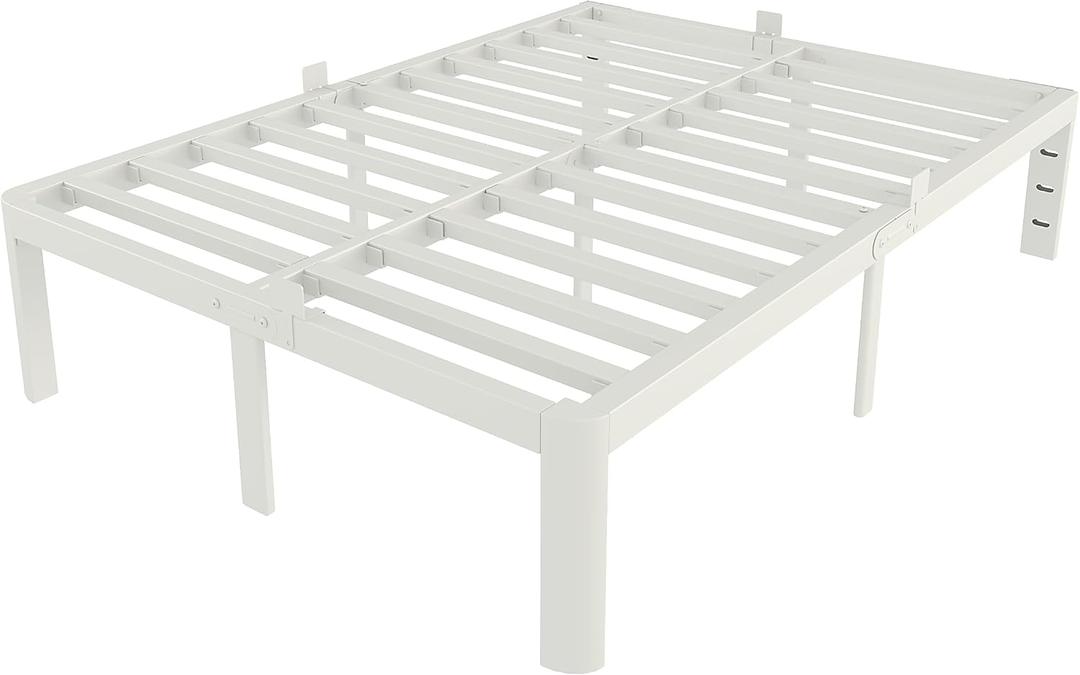 White Bed Frame Queen Size 14 Inch, Metal Queen Bed Frame No Box Spring Needed, Heavy Duty Steel Support 3500 LBS, DIY Headboard, Noiseless, Round Corner Legs, Storage Space, Easy Assembly