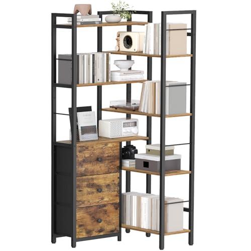 YATINEY Corner Bookshelf, 7 Tier L-Shaped Bookcase with 3 Drawers, Storage Corner Shelf, Freestanding Tall Display Shelf, Industrial Style, for Living Room, Home Office, Rustic Brown and Black SJ10BR