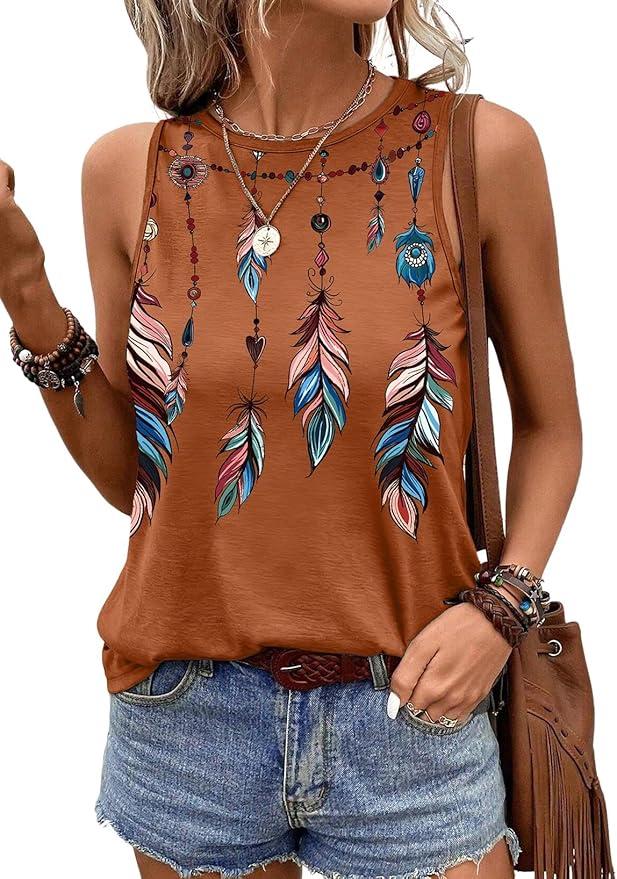 SHEWIN Womens Summer Tops Lightweight Loose Fit Round Neck Sleeveless Tank Top Soft Cute Spring Tops for Women Brown X-Large