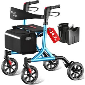 WALK MATE Rollator Walker for Seniors with Cup Holder, Upgraded Thumb Press Button for Height Adjustment, 8 Inch Wheels Walker with Seat Folding 14.7lb Lightweight Walking Aid, 300 lb Capacity, Blue