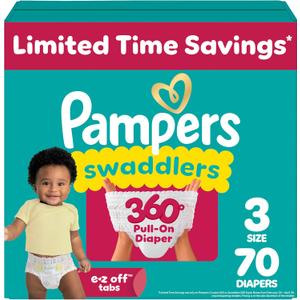 Pampers Diapers - Swaddlers 360 - Size 3, 70 Count, up to 100% Leakproof Comfy Dry Fit, Designed for Easy Changes, Pull On Baby Diaper
