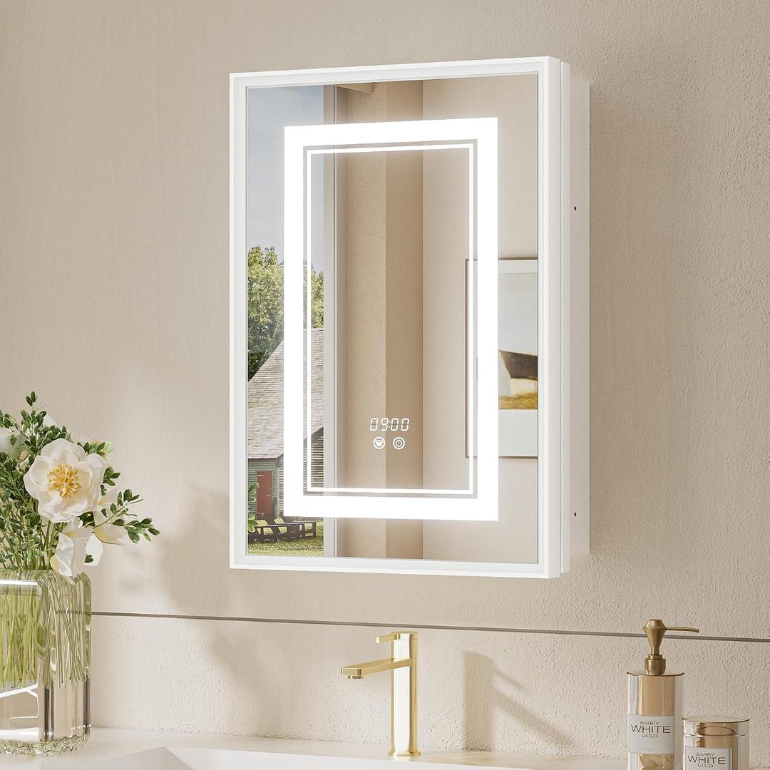 16x24 White Led Medicine Cabinet Mirror for Bathroom Tempered, 3-Color Stepless Dimming Recessed Lighted Medicine Cabinet with Mirrored Defog, Mirror with Storage and Outlets