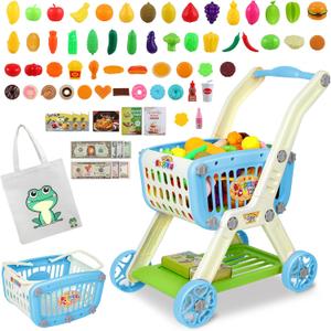 Kids Shopping Cart - 2 in 1 Toy Shopping Cart with Play Food Fruit Vegetable Dessert and Shop Accessories, 72pcs Pretend Play Grocery Store Toy Kitchen Game Trolley Play Set for Kids (Blue)