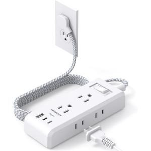 Cruise Ship Essentials, HANYCONY Flat Plug Extension Cord, Power Strip with 6 Outlets 3 USB Ports, 5ft Outlet Extender with Wall Mount No Surge Protector for College Dorm Room Travel Essentials (White)