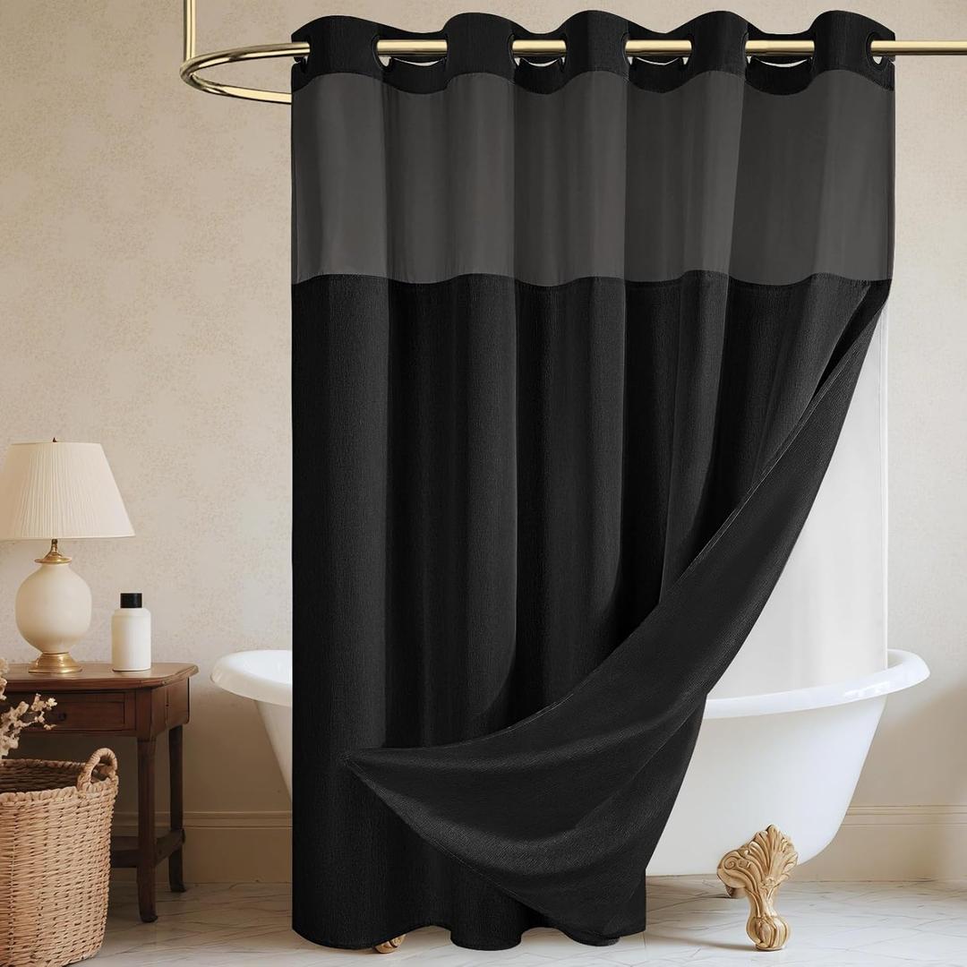 WONICY Extra Long No Hook Shower Curtain with Snap in Liner, Polyester Textured Shower Curtain with Liner Set, Waterproof Washable Hotel Style Shower Curtains for Bathroom, 71Wx86H, Black