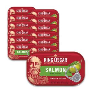 King Oscar Premium Salmon in Olive Oil, 4.05-Ounce Cans (Pack of 12, Packaging May Vary), Skinless & Boneless Salmon (EXP 02/10/31)