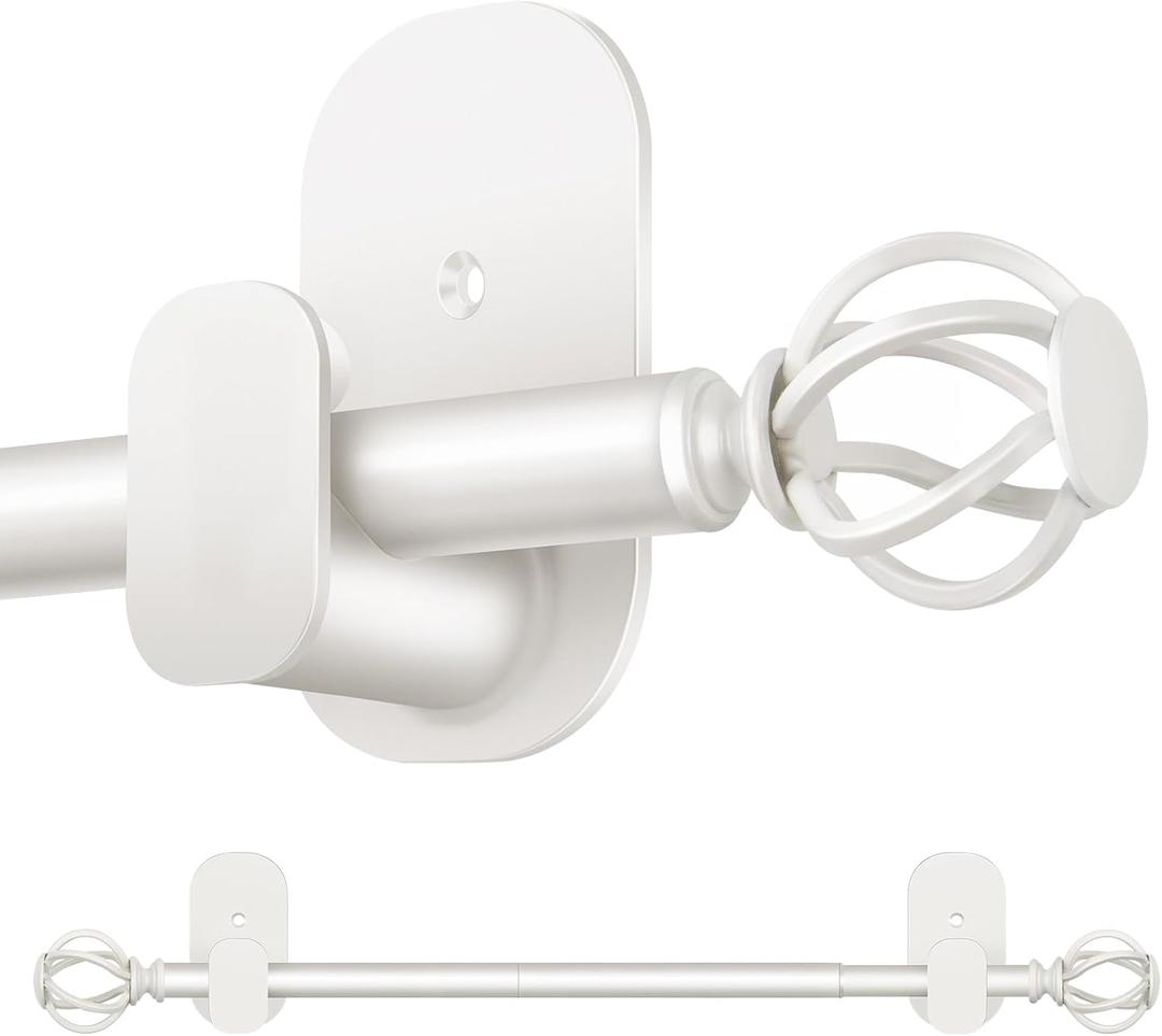 Curtain Rods No Drilling for Windows 32 to 58 Inch, 5/8 Inch Diameter No Drill Drapery Rod Set with Adhesive Brackets and Twiested Cage Finals, Bedroom Apartment Renter Friendly, white