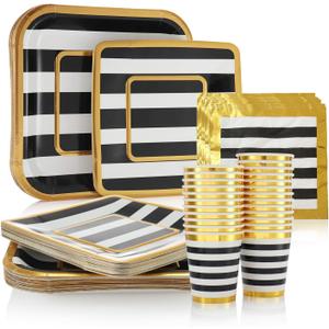 Black and Gold Party Supplies - 24 Pack - 9 Inch Party Paper Plate, 7 Inch Desert Plates, Napkins, and 9 Oz Cups, Diposable Set, for Wedding, Birthday Party, Bridal Shower, Thanksgiving, Christmas