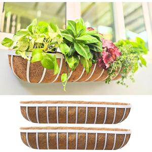 LaLaGreen Outoor Planter Boxes (36 Inch, 2 Pack) White Metal Deck Railings Flower Box with Coco Liners, Rectangular Wall Planters for Window Plants Horse Troughs Fence Balcony Modern Herb Patio Porch