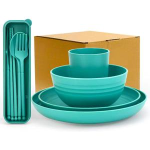 4pcs Unbreakable Wheat Straw Dinnerware Sets with Cutlery Set, Reusable Lightweight Green Microwave Dishwasher Safe Tableware for TravelCampingKitchen,RV,Apartment,Dorm,Party