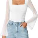 Avidlove Bodysuits for Women Long Bell Sleeve Mesh Square Neck Body Suits Going Out Tops Country Concert Outfits (Large, White)