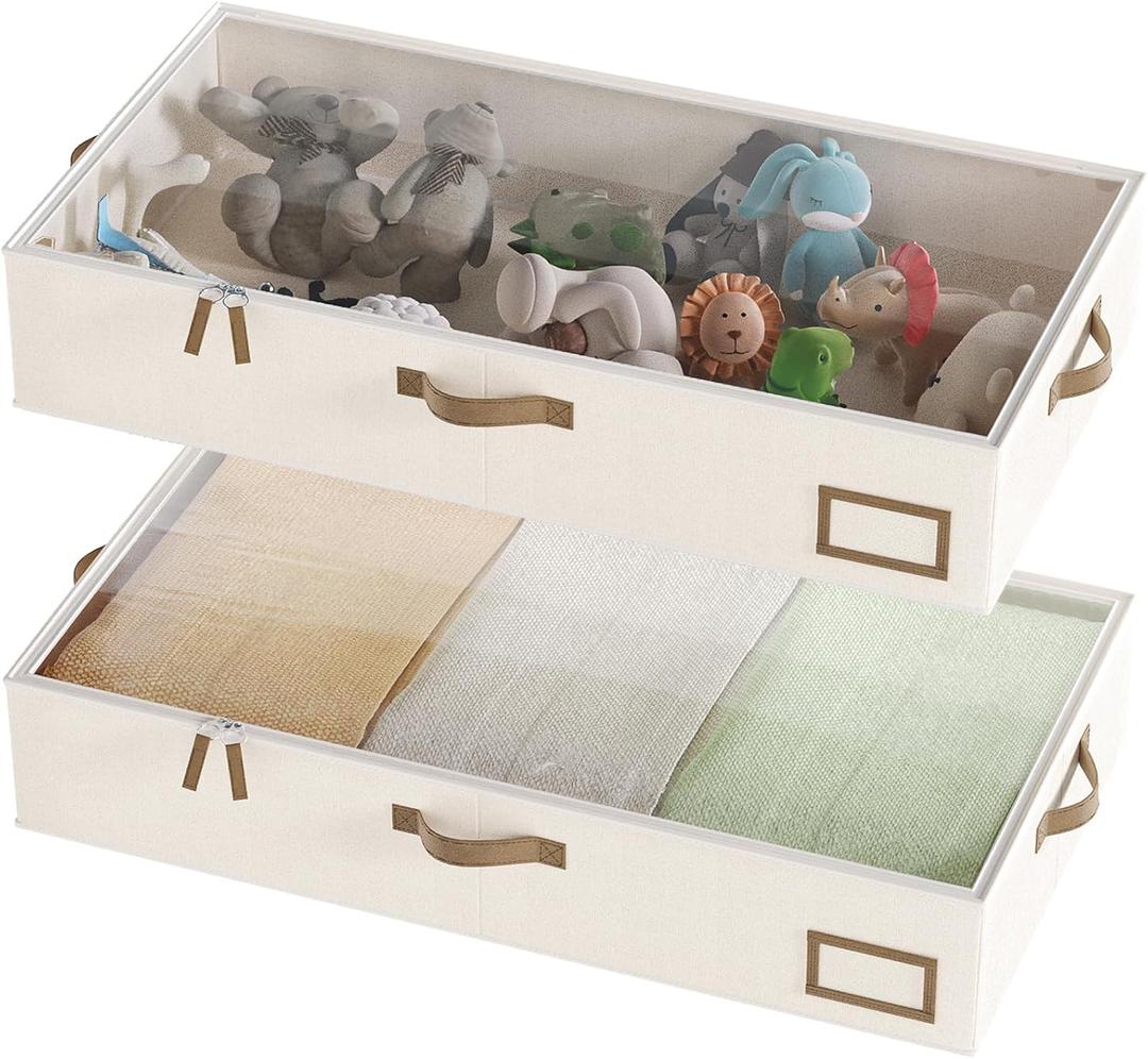 Under Bed Storage, Under Bed Storage Containers Bins for Clothes, Large Linen Underbed Closet Organization Bins, 2 Pack Collapsible Underbed Bin Dorm for Clothes, Sweater, Beige (33"L x 17"W x 6"H)