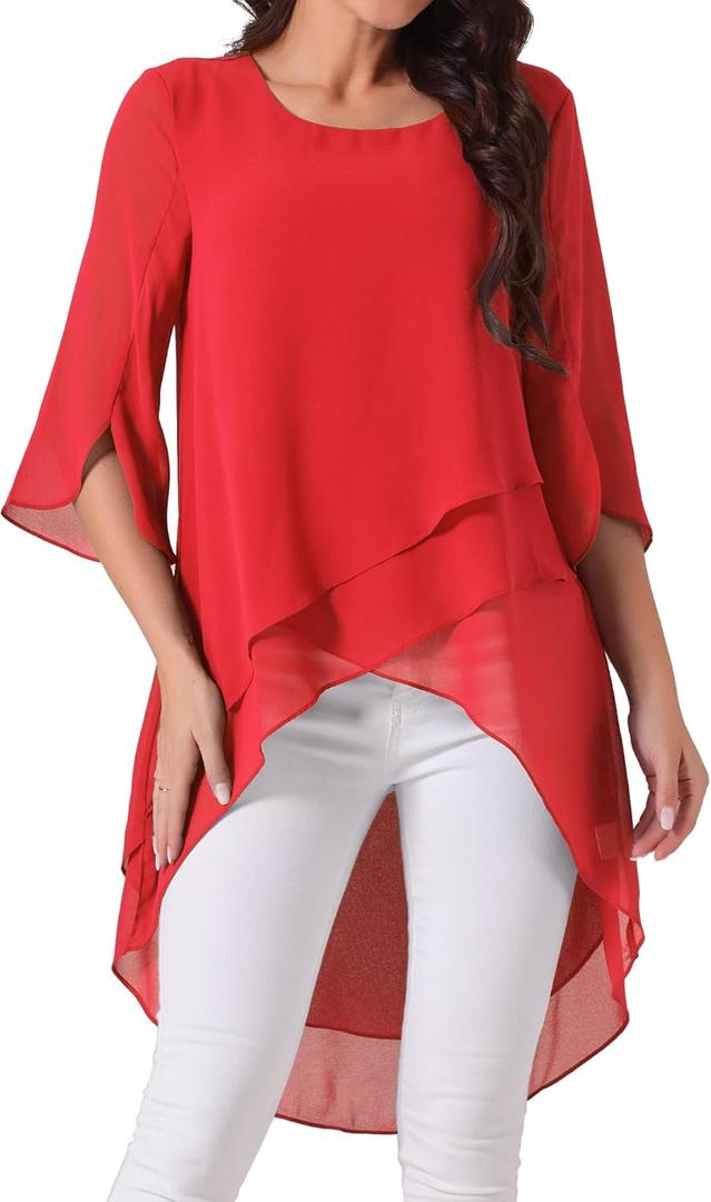 Seta T Women's High Low Tops Scoop Neck Chiffon Blouse Asymmetrical Loose Shirt 3/4 Sleeve Casual Summer Tops (X-Large, Red)