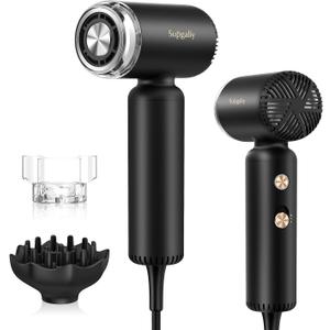 Lightweight Mini Hair Dryer,Professional High-Speed Brushless Motor Ionic Blow Dryer for Fast Drying, Magnetic Wall Mounted Diffuser Concentrator, Quiet Small Hairdryer (Black)