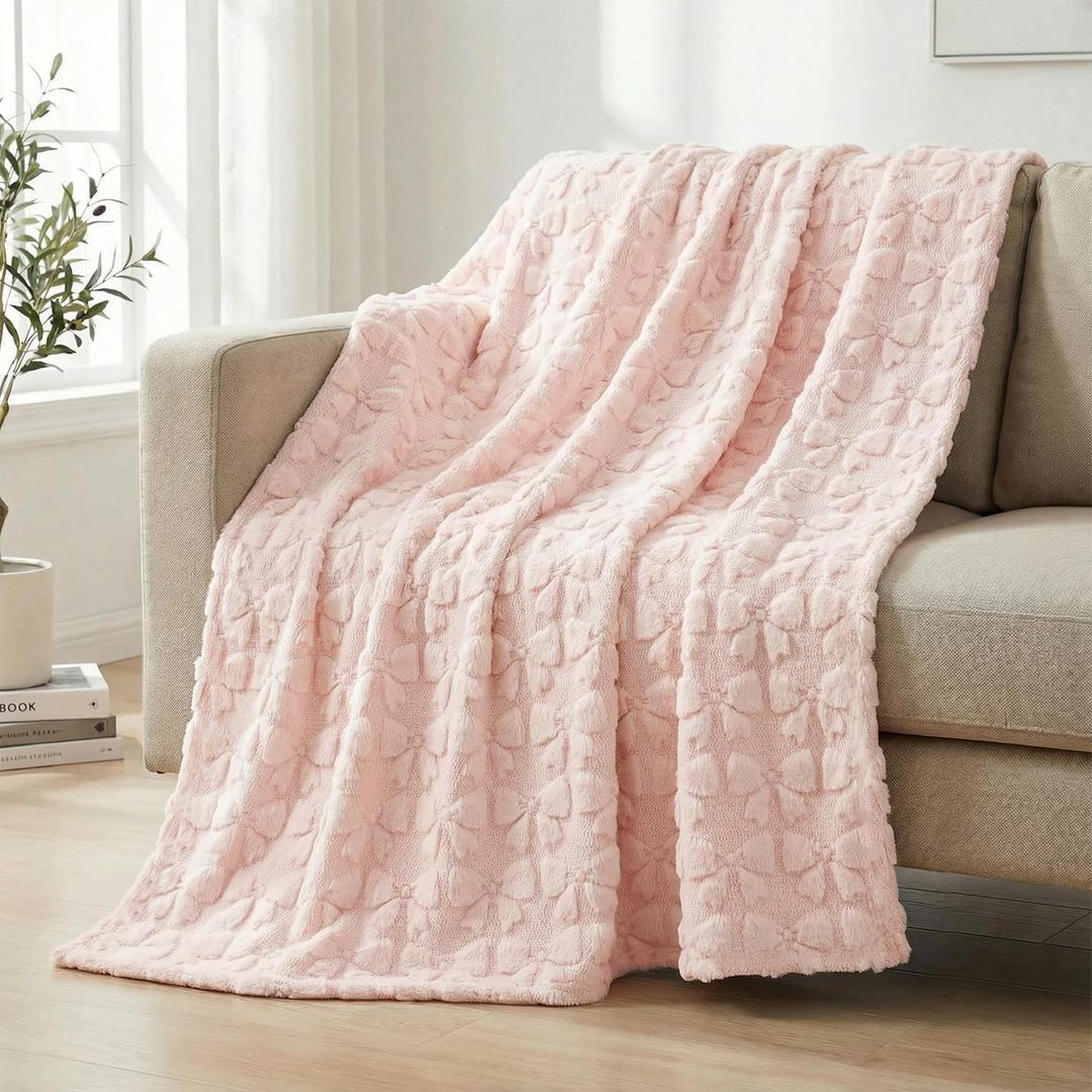 Horaldaily Valentine Bow Blanket Throw, Pink Bow Soft Fuzzy Plush Faux Fur Cozy Blankets for Couch Sofa Bed Lounging, Ideal Gifts for Kids Adults Wife Self, 60x80