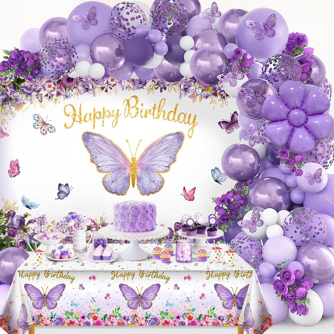 Butterfly Party Decorations, Girls Birthday Themes Decorations with Balloon Arch Kit Butterfly Photography Backdrop Banner and Tablecloth for Girls Women Butterfly Birthday Decor (Purple)