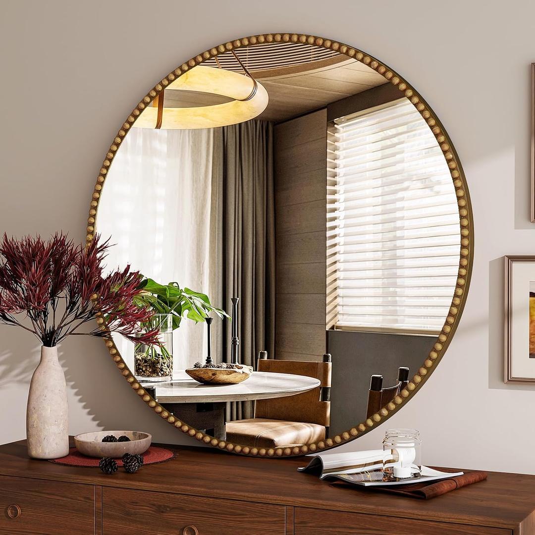 Vintage Round Mirror, 24 Inch Circle Wall Mounted Mirror with Baroque Beaded Frame, Home Decor for Entryway, Bathroom, Vanity, Living Room, Gold