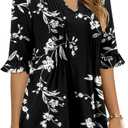 KISSMODA Womens 3/4 Length Sleeve Tops Summer Blouses Spring Ruffle Tunic T-Shirts Dressy Casual (Black, L)