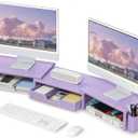 OPNICE Purple Desk Organizers and Accessories, Dual Computer Monitor Stand Riser with Drawer and 2 Pen Holders, Office Desk Accessories, Workspace Desktop Organization for Office Supplies