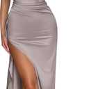 Memoriesea Women's Sexy One Shoulder High Split Cocktail Wedding Party Maxi Dress (Large, Shallow Apricot)