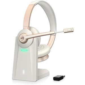 Wireless Headset, Bluetooth Headset with Microphone, AI Noise Canceling Mic & USB Dongle, Wireless Headphones with Mic Mute & Charging Base for Work from Home/Office/Call Center/PC/Laptop/Zoom
