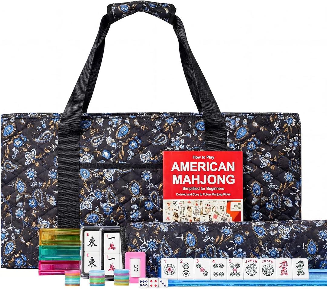 Jongyance American Mahjong Game Set, Mahjong Tile Set, Blcak Bag,166 White Tiles, 4 All-in-One Color Rack/Pushers, 100 Chips, 1 Wind Indicator