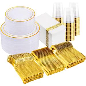 I00000 700Pcs Gold Dinnerware Set for 100 Guests, Plastic Plates for Party, Include: 100 Gold Rim Dinner Plates, 100 Gold Dessert Plates, 100 Paper Napkins, 100 Cups, 100 Gold Plastic Silverware Set  